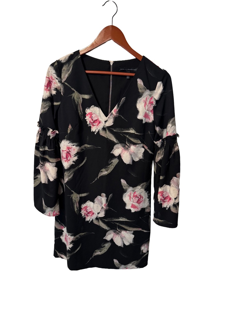 White House Black Market Black V-Neck Tunic with Pink Floral Print
